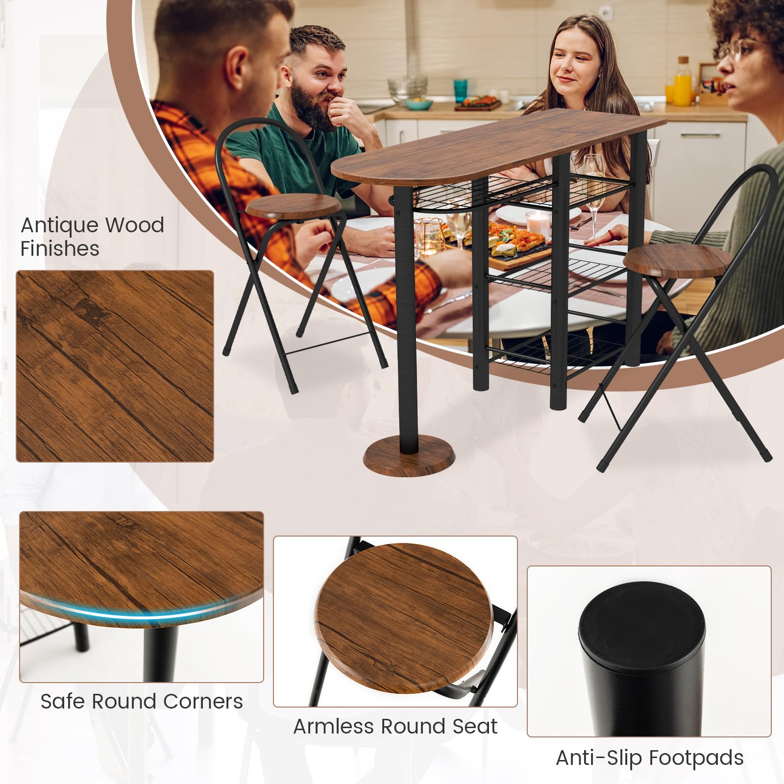 Giantex 3-Piece Dining Table Set Retro Dining Table & 2 Foldable Chairs w/ 4-Tier Storage Shelf
