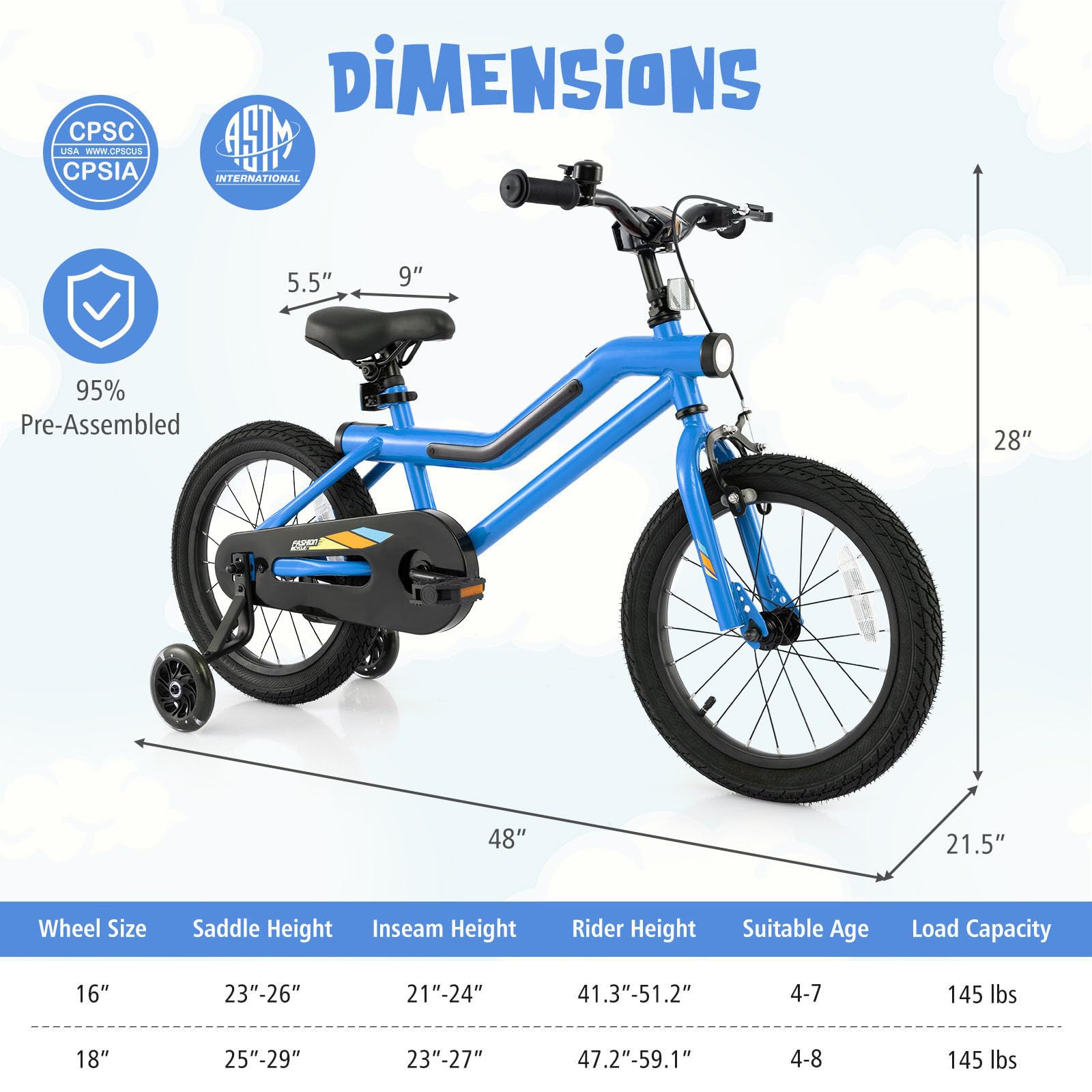 16” LED Lighted Kids Bike, Carbon Steel Children Bicycle, 95% Pre-Assembled