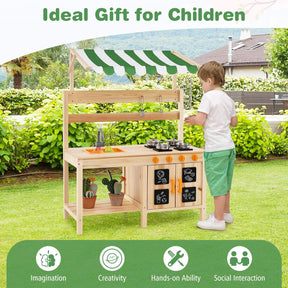 Kids Mud Kitchen with Canopy, Outdoor Wooden Pretend Play Kitchen w/ 4 Stoves, Sink, Faucet, Black Boards & Accessories