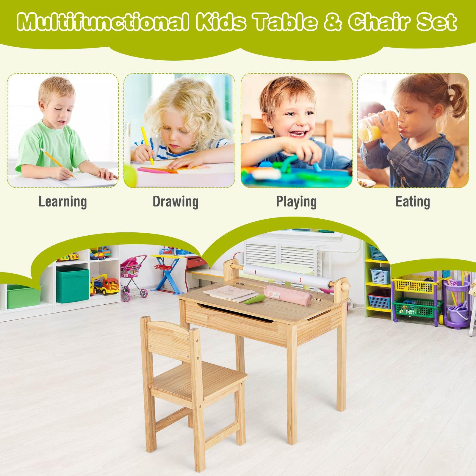 Kids Table and Chairs Set, Activity Desk and Chair for Children w/Paper Roll Holder & 2 Markers