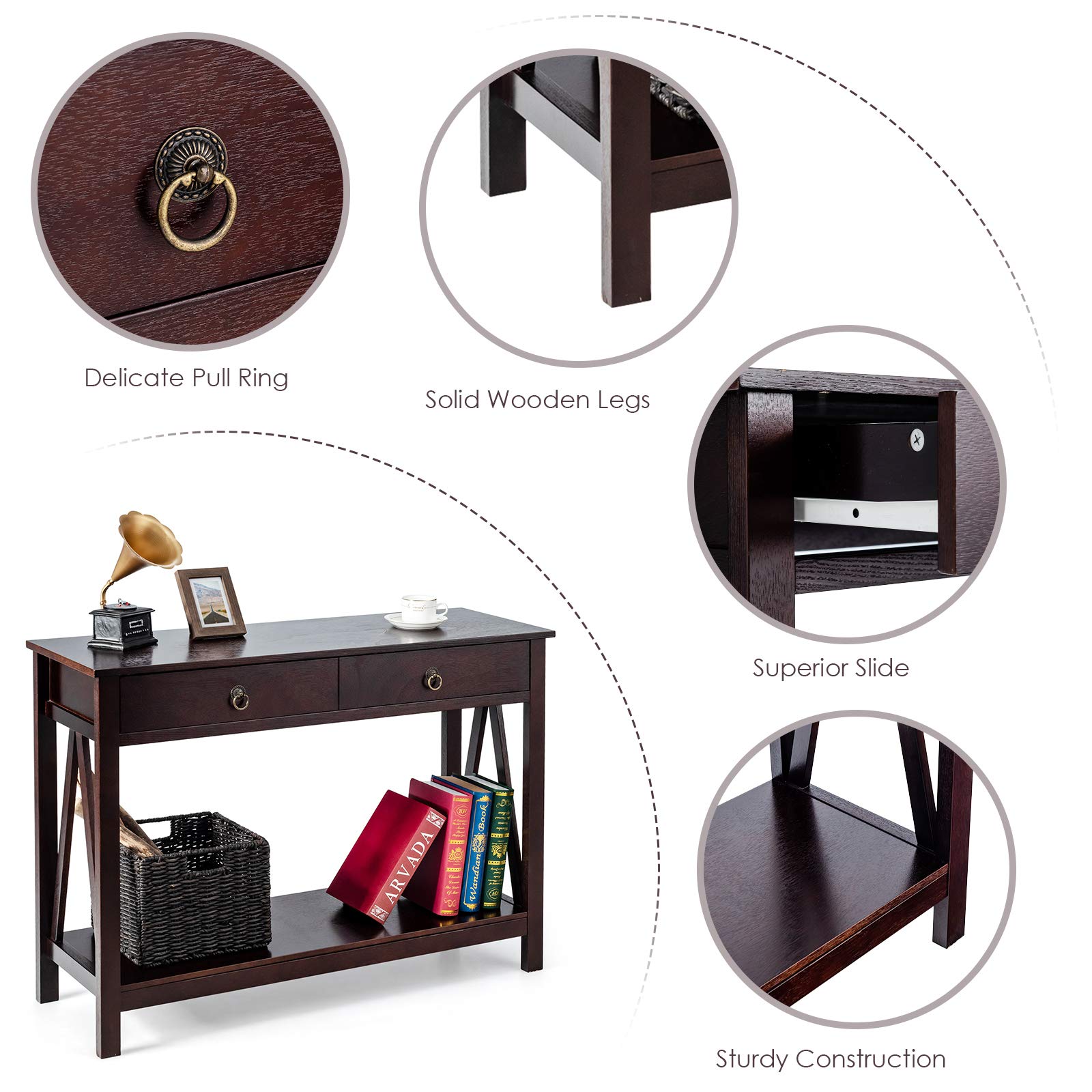 Giantex Console Table with Drawers 3-Tier Couch Table with Storage Shelves