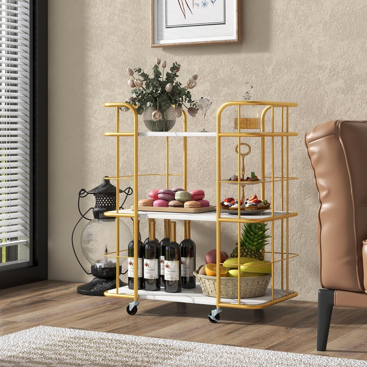Gold Bar Cart, Home Island Service Cart, 3 Tier Storage Shelves with Guardrail, Imitation Marble Top