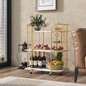Gold Bar Cart, Home Island Service Cart, 3 Tier Storage Shelves with Guardrail, Imitation Marble Top