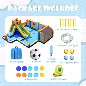 Inflatable Water Slide, 7-in-1 Long Slide Giant Water Park Wet Dry Combo with Water Soccer Splash Pool (with 680W Blower)