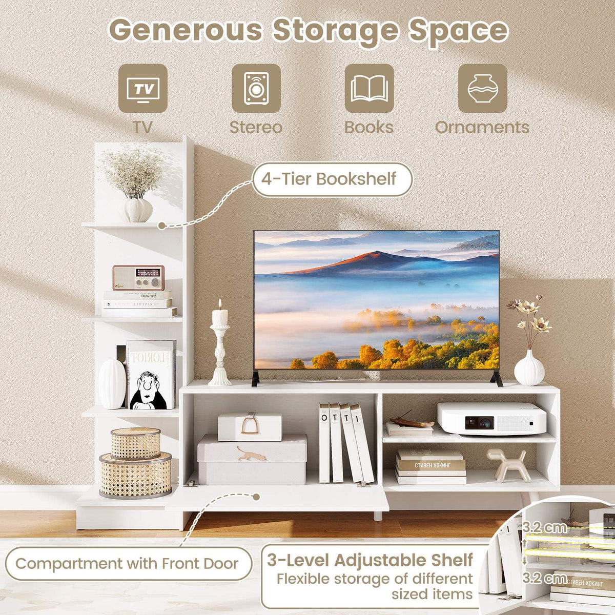 TV Stand for TVs up to 50", Modern TV Cabinet Media Entertainment Center w/Bookshelf & 3-Position Adjustable Shelf