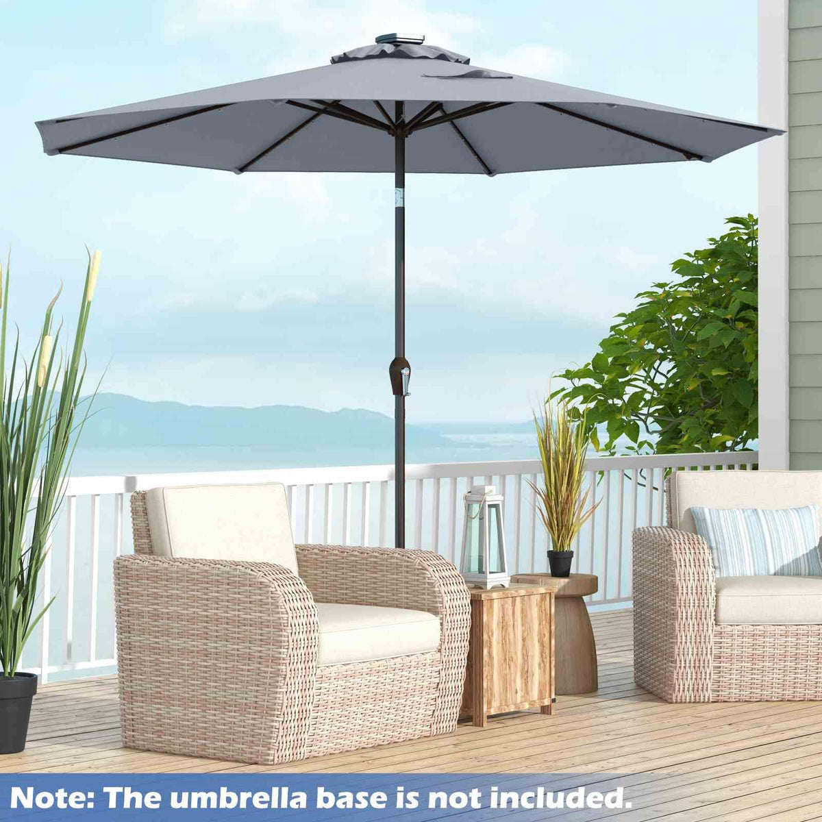 3m Patio Umbrella Solar LED Lighted Tilt Adjustment Crank Parasol Garden Beach