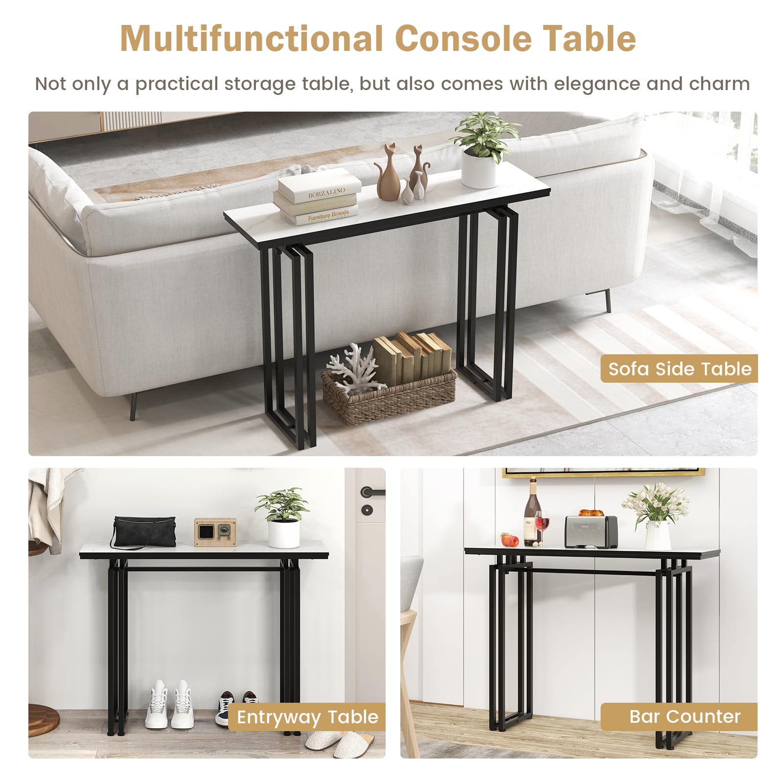 Giantex 110cm Console Table, Faux Marble Sofa Table w/Sturdy Metal Legs