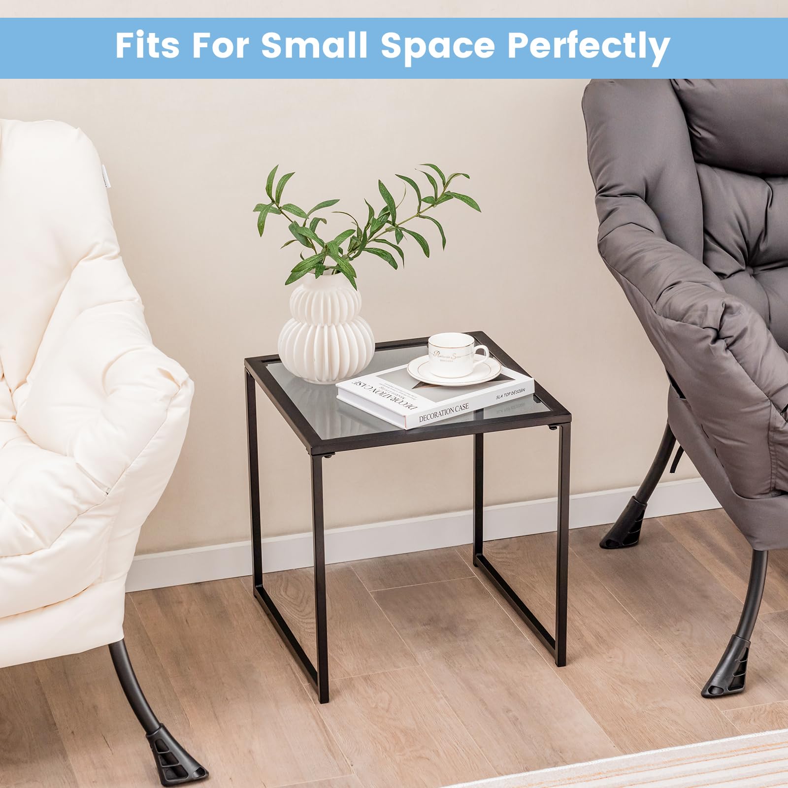Patio Tempered Glass End Table with Metal Frame for Poolside