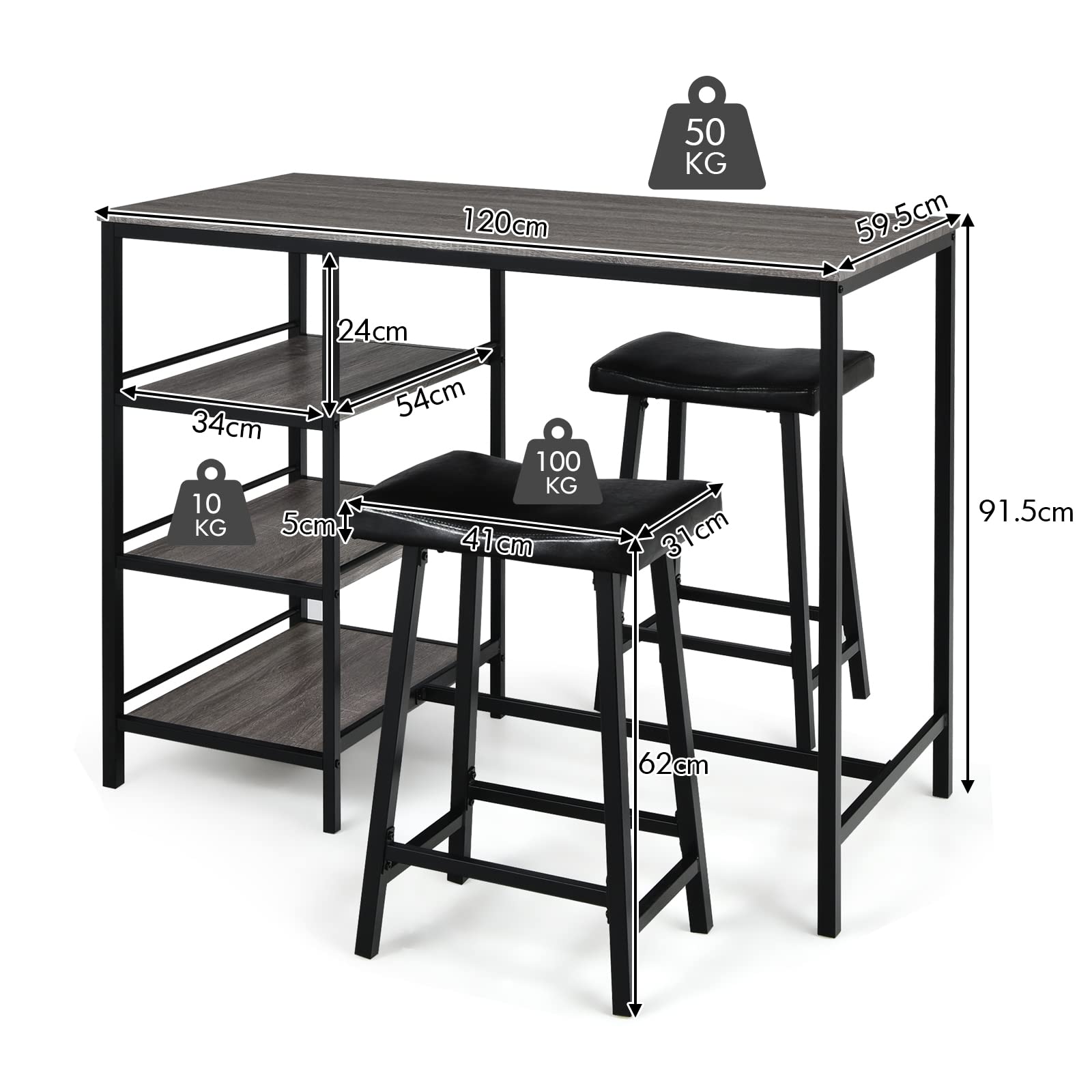 Giantex 3-Piece Dining Table Set, Counter Height Table Set w/2 Bar Stools, Modern Industrial Bar Table Set