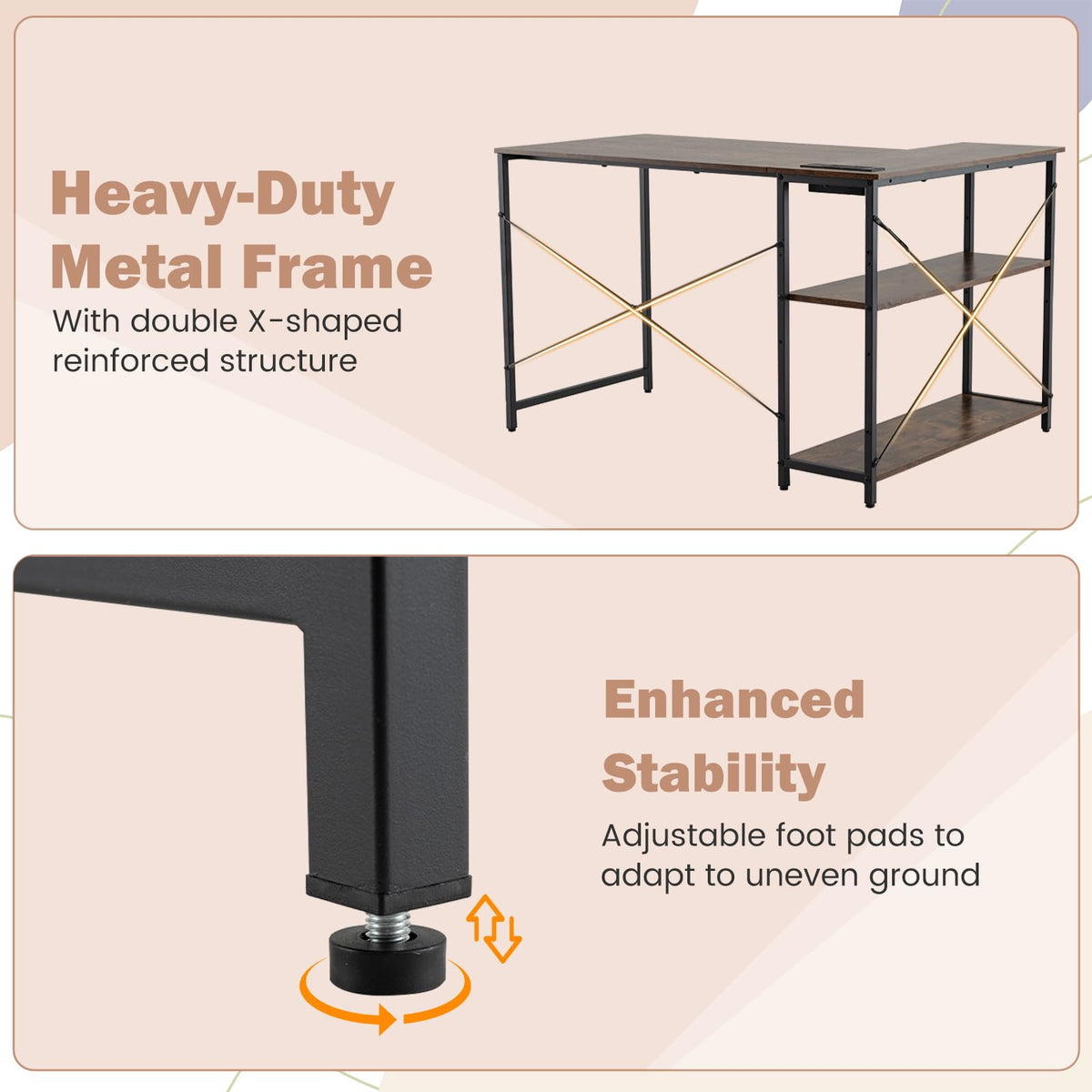 L-Shaped Desk with Power Outlet, Home Office Computer Desk with Reversible Adjustable Storage Shelves