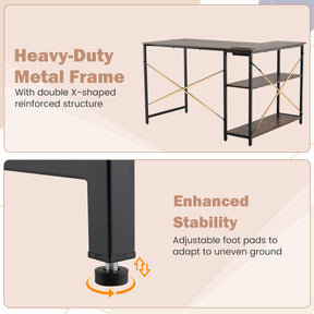 L-Shaped Desk with Power Outlet, Home Office Computer Desk with Reversible Adjustable Storage Shelves