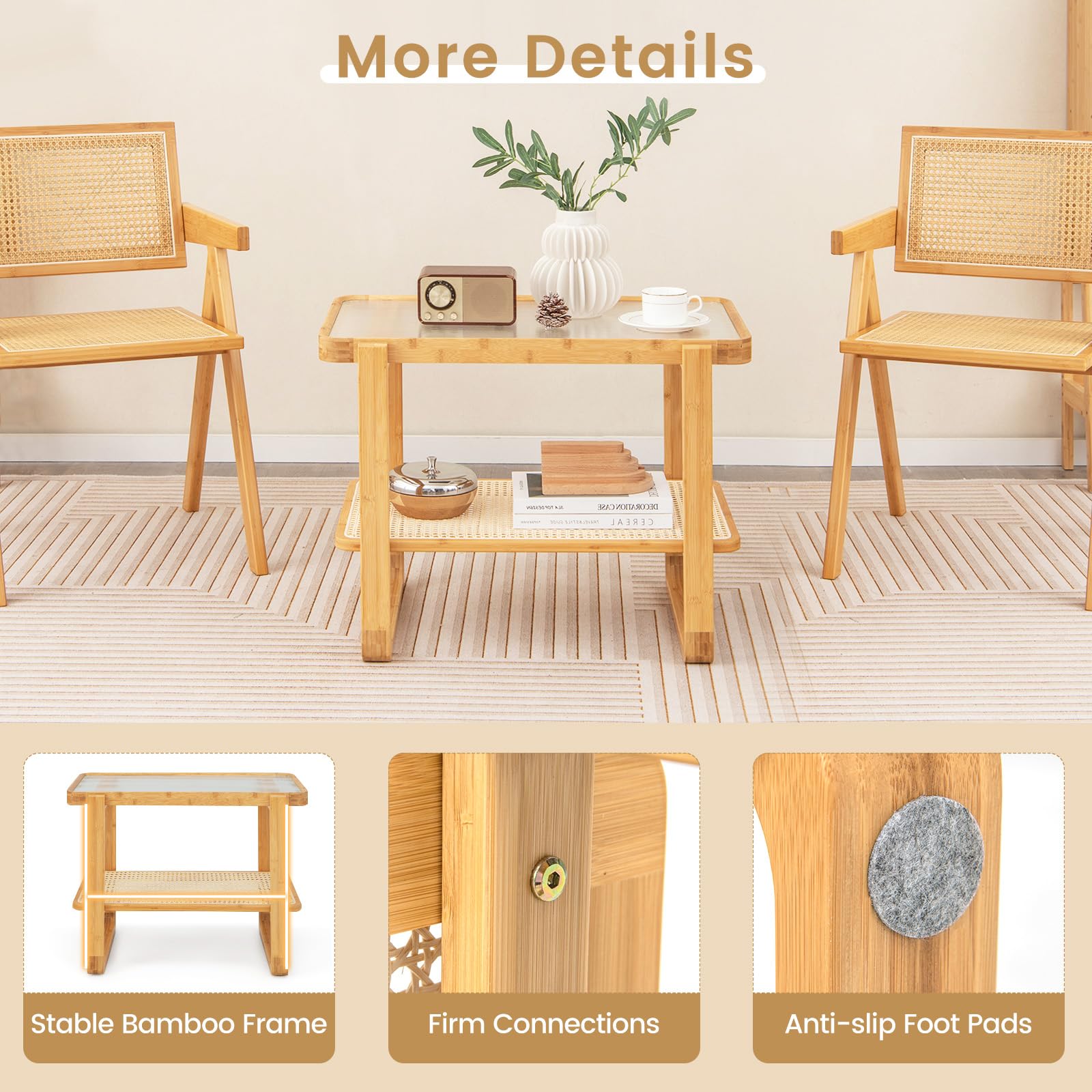 Giantex 2-Tier Bamboo Side Table w/Glass Top, End Table
