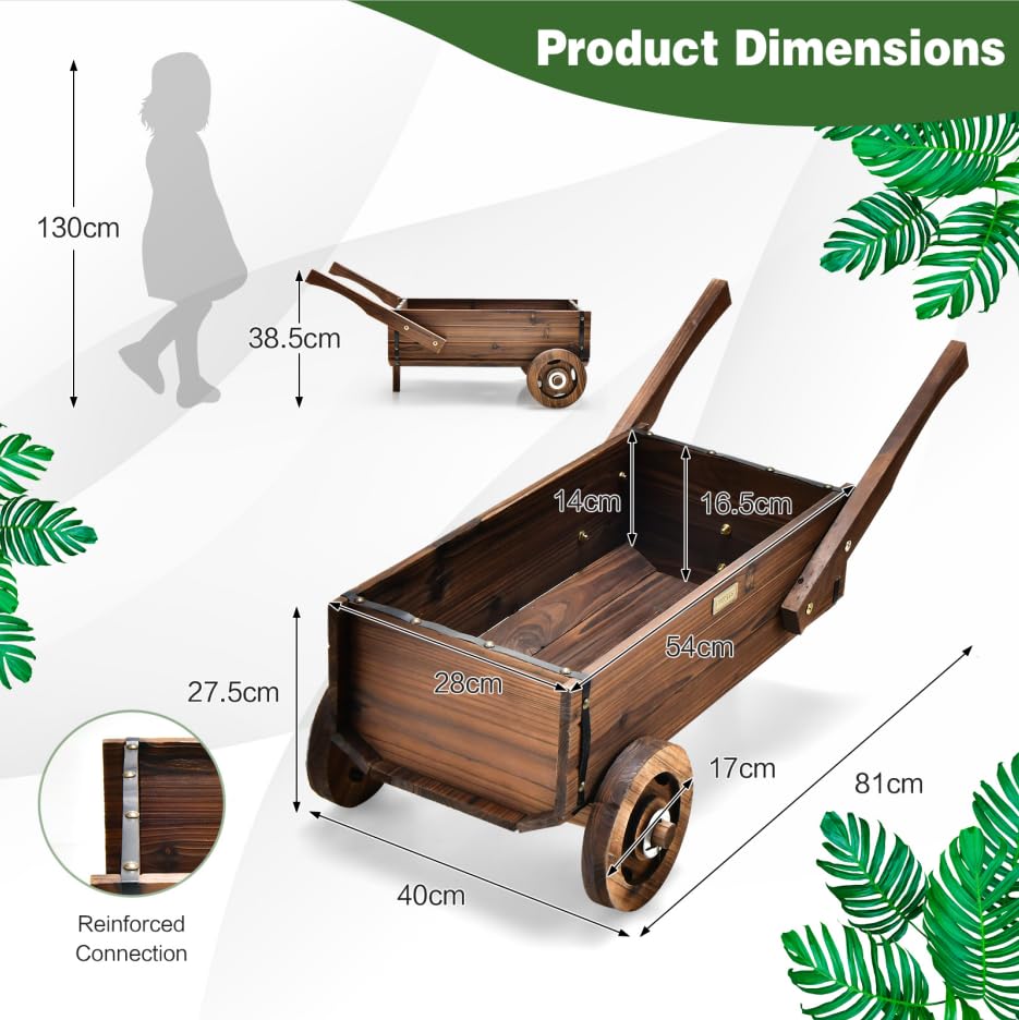 Giantex Wooden Wagon Planter Box, Decorative Wagon Cart with Wheels, Handles, Drainage Hole
