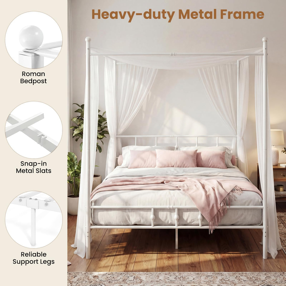 Canopy Bed Frame, Modern 4-Poster Platform Bed with Headboard & Under-bed Storage, Heavy-duty Mattress Foundation with Metal Slat Support, No Box Spring Needed, 190 x 92 cm, White/Black