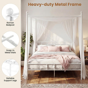 Canopy Bed Frame, Modern 4-Poster Platform Bed with Headboard & Under-bed Storage, Heavy-duty Mattress Foundation with Metal Slat Support, No Box Spring Needed, 190 x 92 cm, White/Black