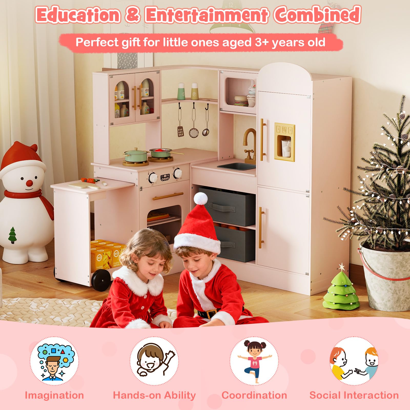 Corner Kitchen with Lights and Sounds, Interactive Wooden Playset w/Retractable Countertop