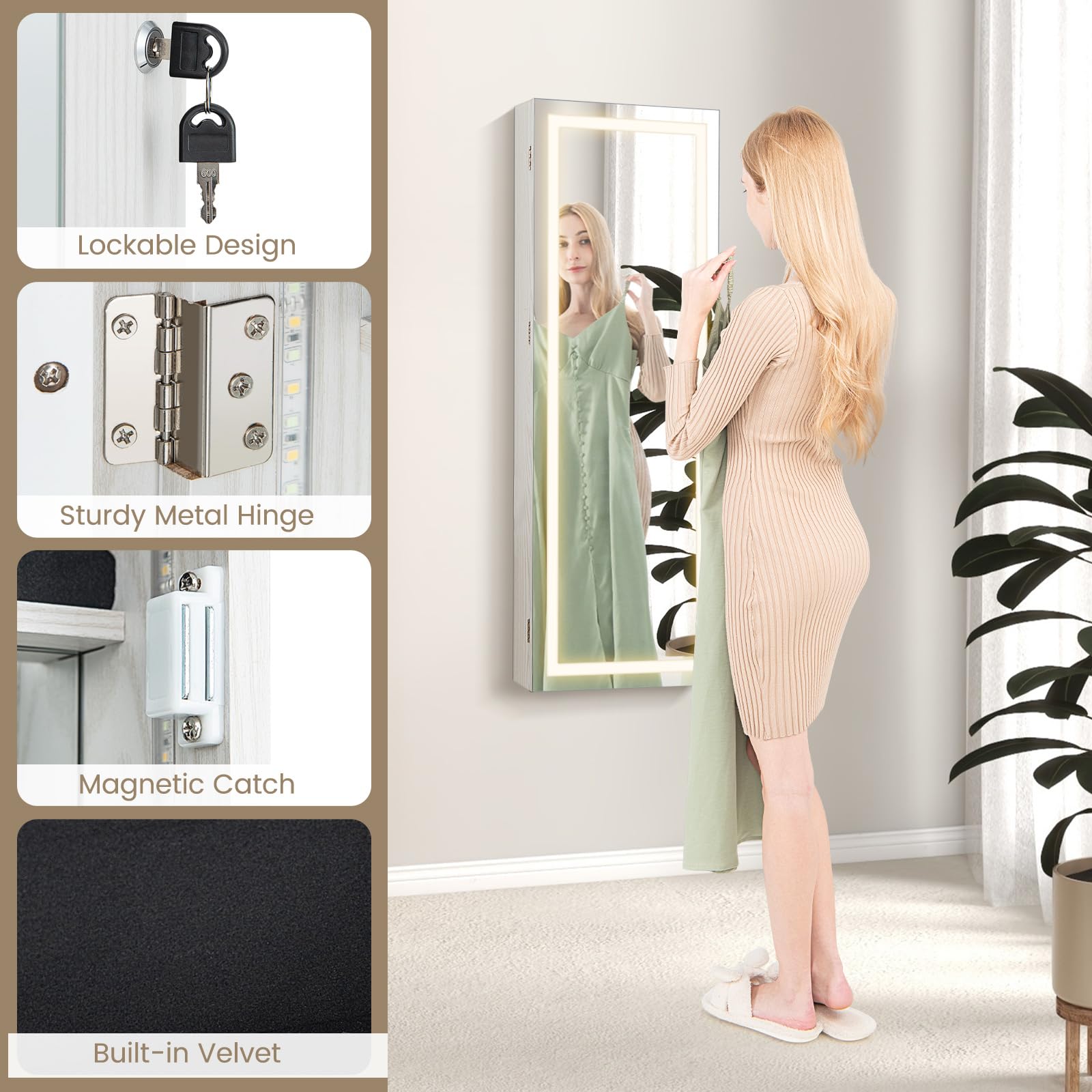 Giantex 108 cm Jewelry Mirror Cabinet, Lockable Jewelry Door & Wall Cabinet