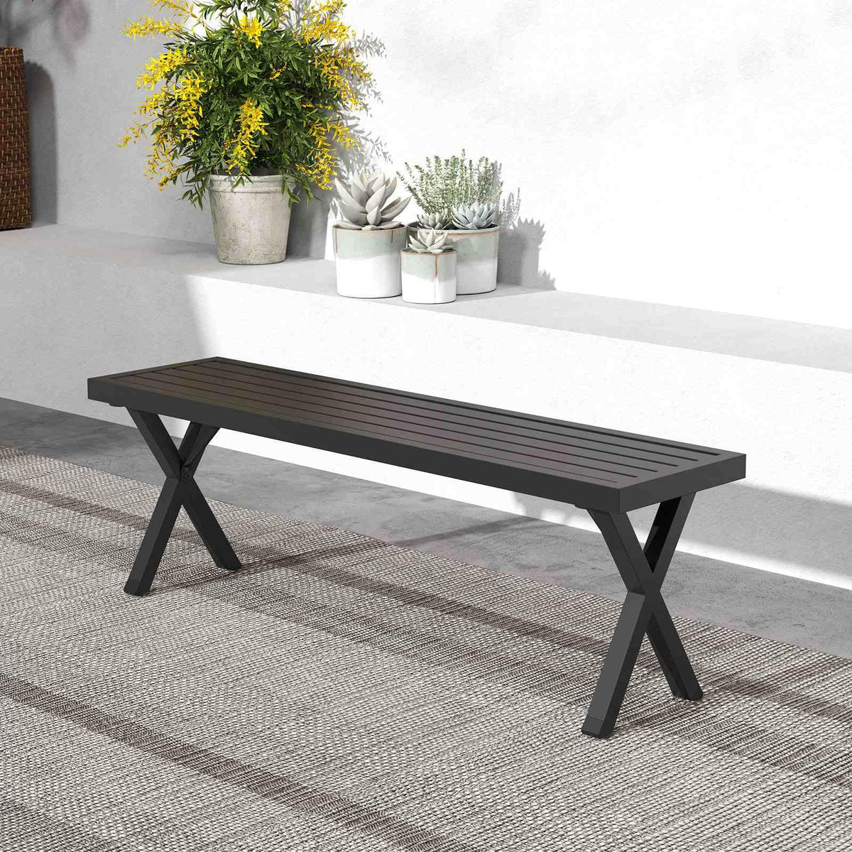 Patio Metal Bench, Heavy-Duty 2-Person Bench w/Slatted Seat & X Legs