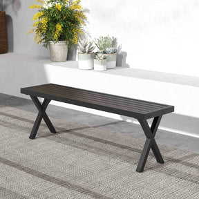 Patio Metal Bench, Heavy-Duty 2-Person Bench w/Slatted Seat & X Legs