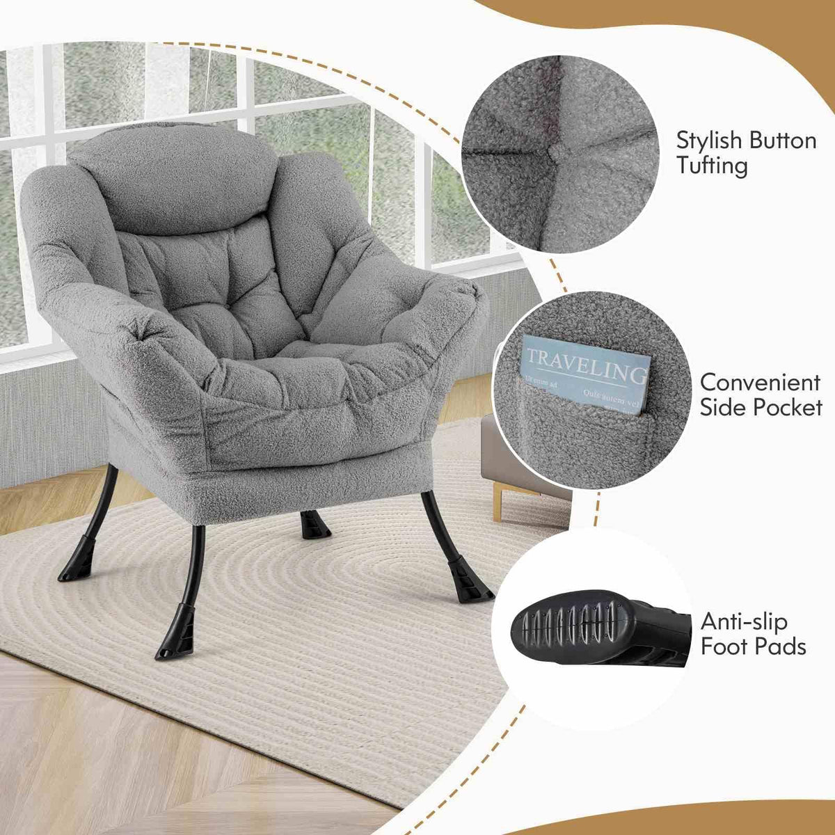 Lazy Chair with Ottoman, Modern Accent Chair with Folding Footrest, Head Pillow, Armrests, Storage Pocket