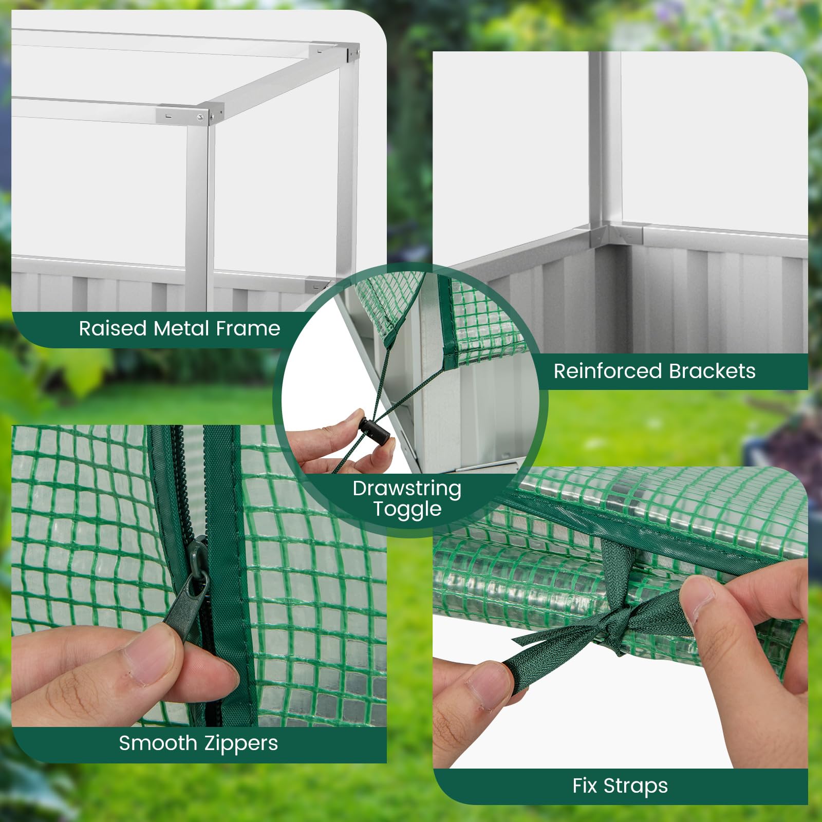Galvanized Raised Garden Bed w/Mini Greenhouse Cover, Raised Metal Flower Bed w/Large Roll-up Window