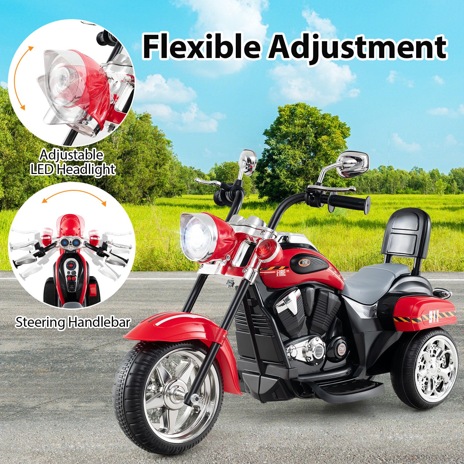 Kids Motorcycle, 6V Battery Powered 3-Wheel Electric Motorcycle for Kids with Headlight & Horn