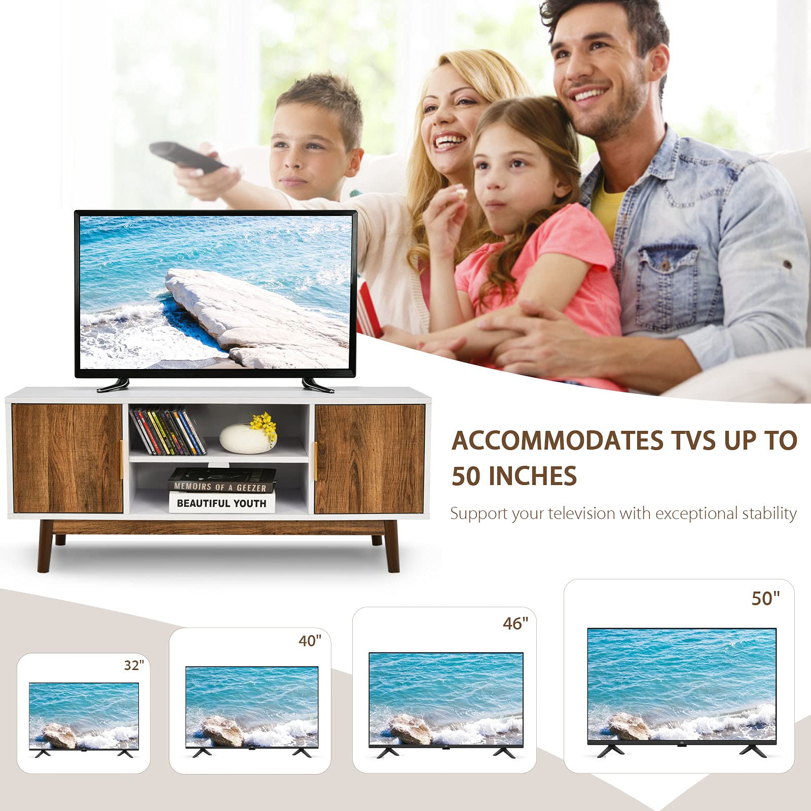 Giantex 2-Door TV Stand for Flat Screen TVs up to 50”, Entertainment Center w/Open Storage Shelf
