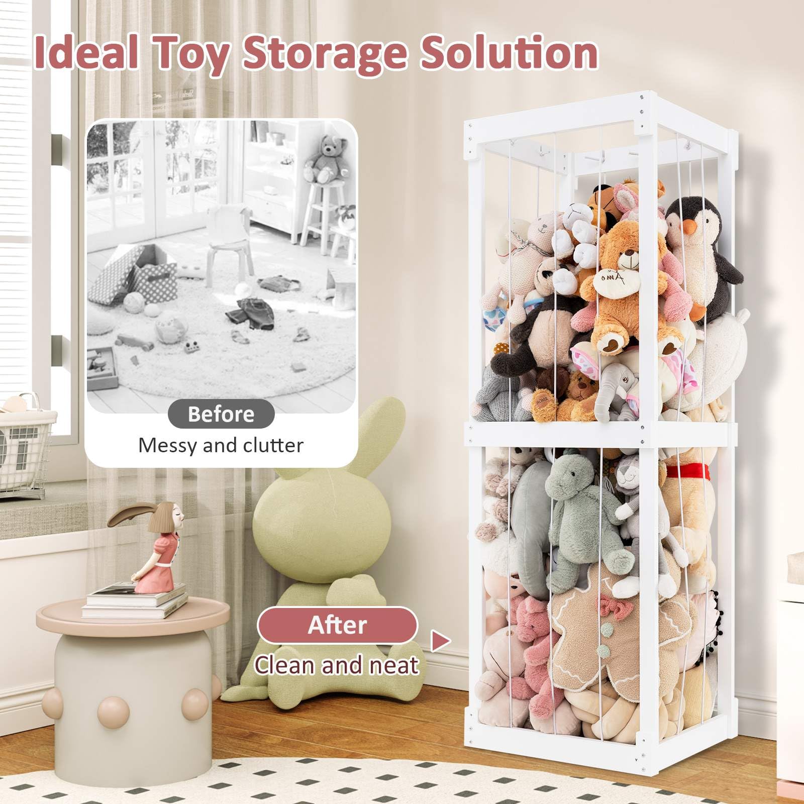 300L Large Stuffed Animal Storage, Space-saving Plush Toy Cage w/Open Top & Elastic Cords