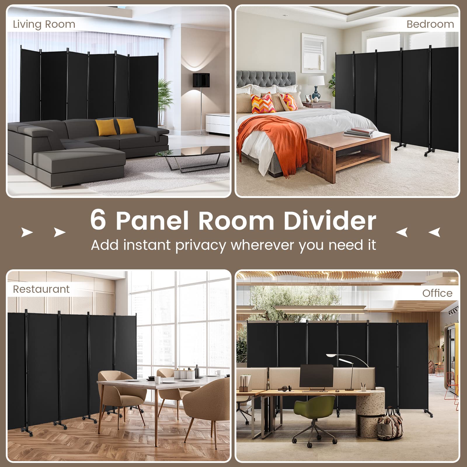 Giantex 6-Panel Folding Room Divider, 1.72m Rolling Privacy Screen with Lockable Wheels