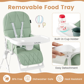 Foldable High Chair, Easy Clean Compact Highchair with Removable Adjustable Tray and PU Seat Cushion, 5-Point Safety Belt for Babies