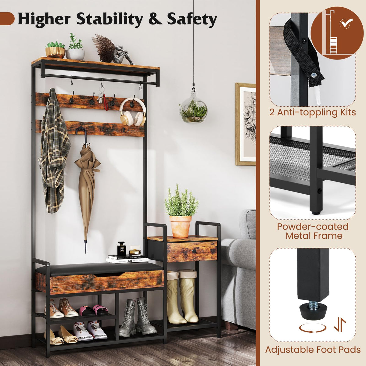 Hall Tree with Shoe Storage Bench, 178 cm Freestanding Coat Rack w/Shoe Rack