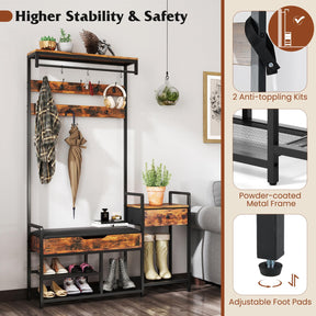 Hall Tree with Shoe Storage Bench, 178 cm Freestanding Coat Rack w/Shoe Rack