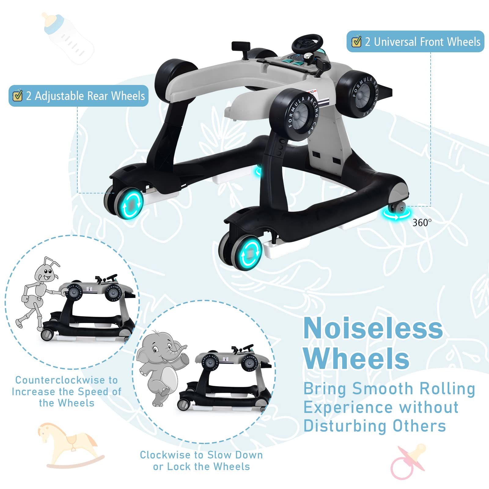 4-in-1 Baby Walker, Foldable Activity Car Baby Walker w/3 Adjustable Height