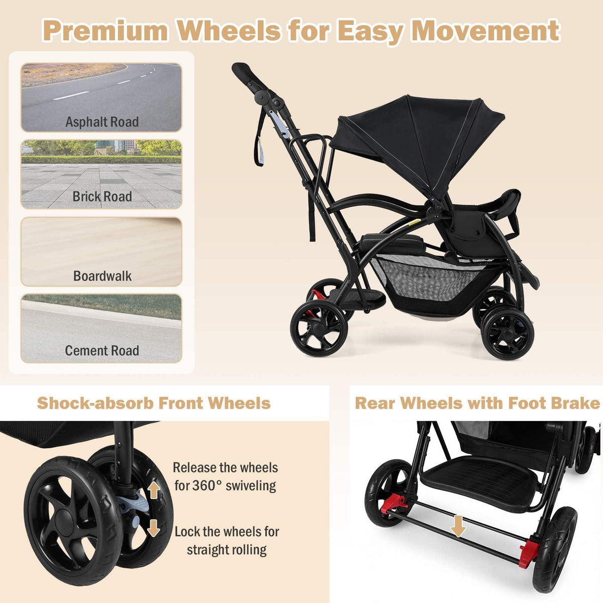 Foldable Double Stroller, Sit and Stand Stroller, with Wristband