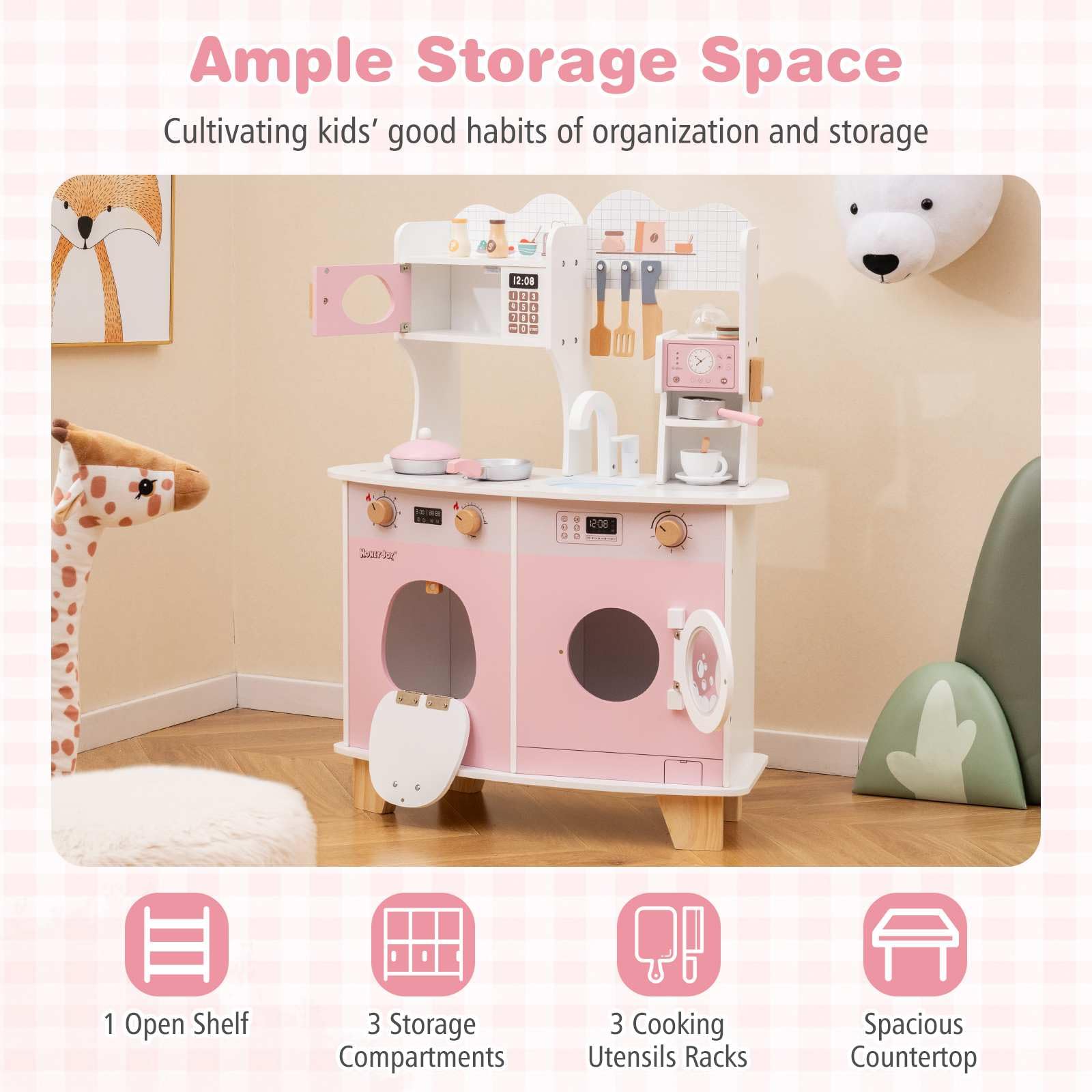 All-in-1 Wooden Kids Kitchen Playset, Pretend Play Kitchen w/Coffee Maker, Microwave, Oven