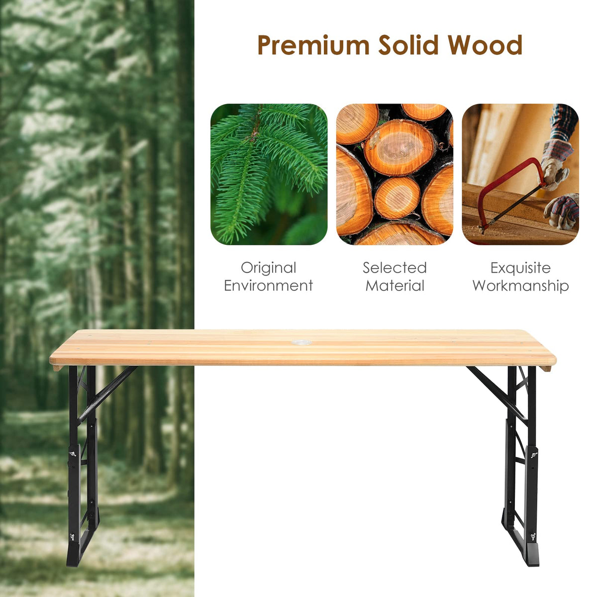 5.5FT Folding Picnic Table, Portable Outdoor Beer Table w/Umbrella Hole & 2 Adjustable Heights