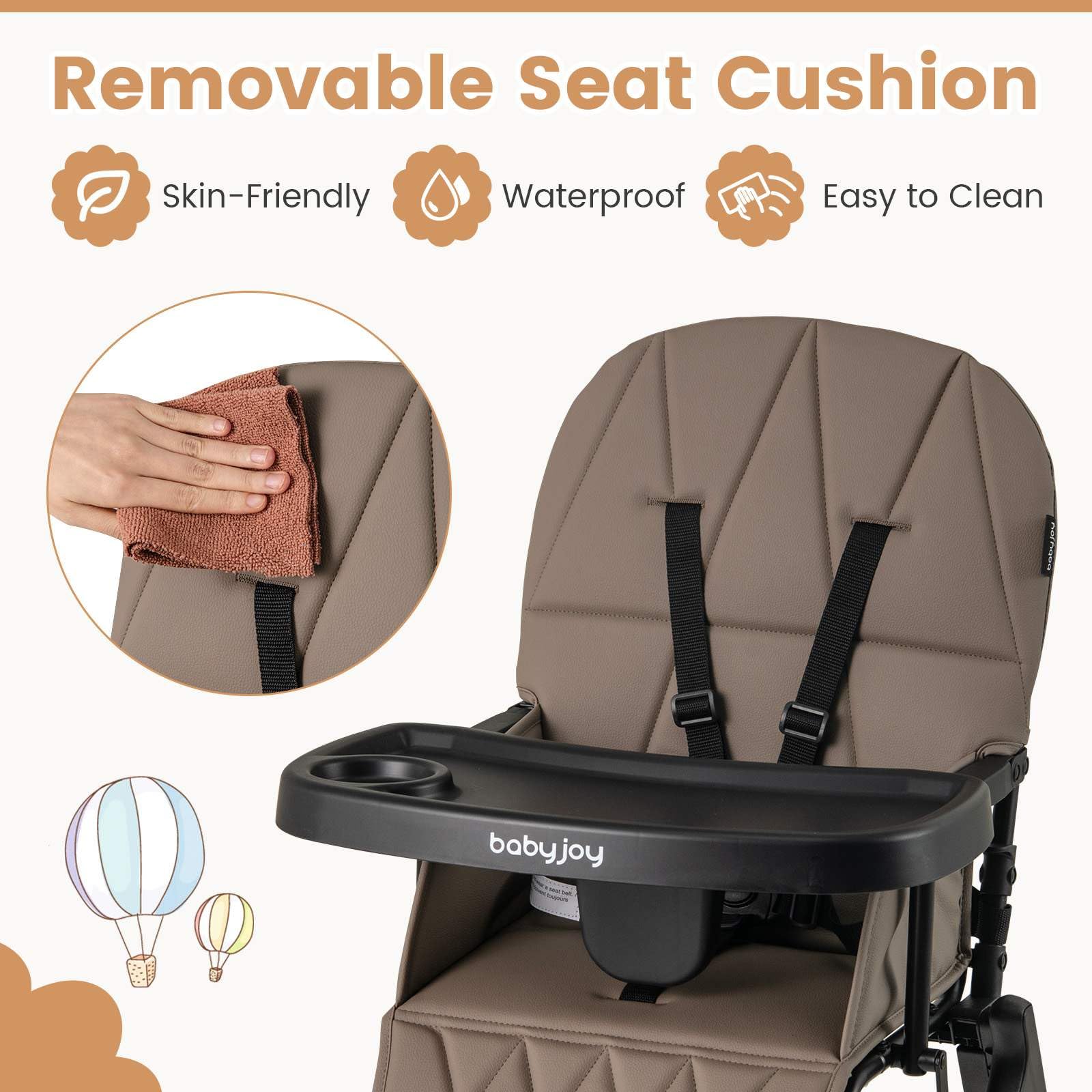 Foldable High Chair, Easy Clean Compact Highchair with Removable Adjustable Tray and PU Seat Cushion