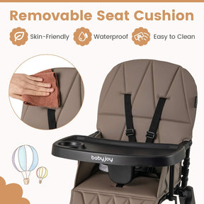 Foldable High Chair, Easy Clean Compact Highchair with Removable Adjustable Tray and PU Seat Cushion