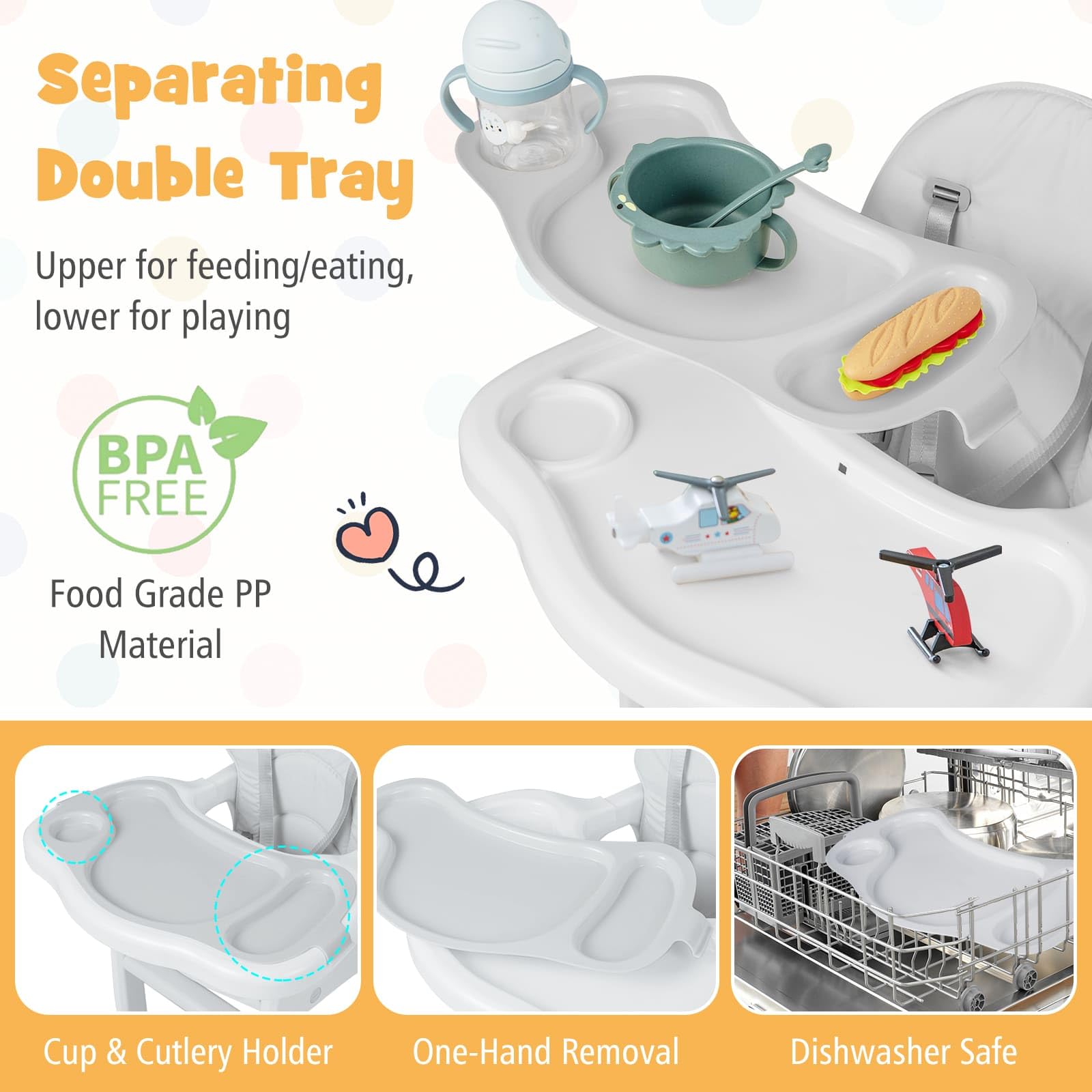 3-in-1 Highchair with Removable 4-Position Tray and Seat Cushion for 6-36 Months