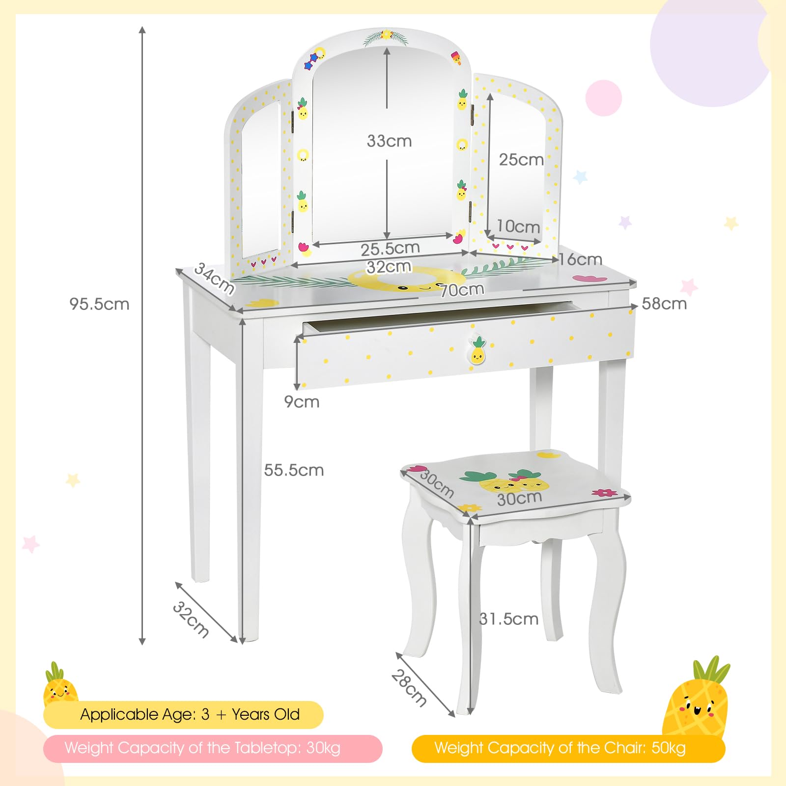 HONEY JOY Kids Vanity Table and Chair Set, Kids Dressing Table w/Tri-Folding Mirror, Large Storage Drawer