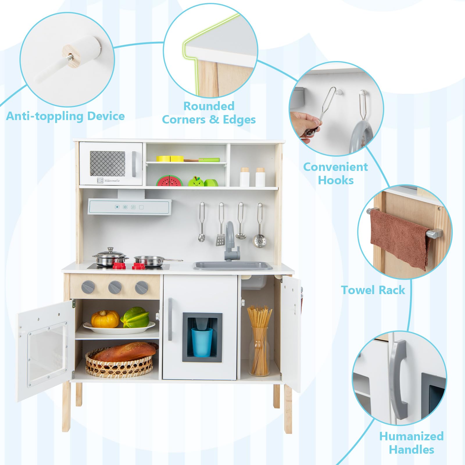 Kids Kitchen Playset, Wooden Pretend Play Kitchen w/Microwave, Range Hood