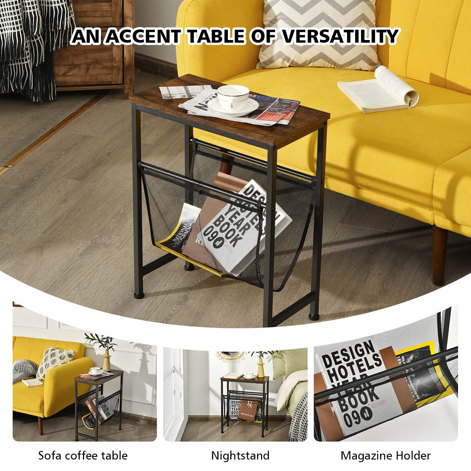 Giantex Industrial End Table, 2-Tier Narrow Small Side Accent Table with Mesh Magazine Holder Sling