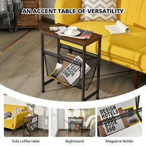 Giantex Industrial End Table, 2-Tier Narrow Small Side Accent Table with Mesh Magazine Holder Sling