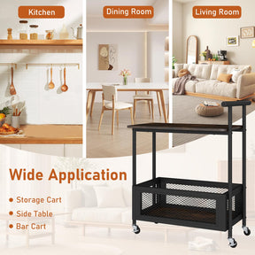 Rolling End Table with Handle, 2-Tier Sofa Side Table with Open Shelf & Mesh Basket