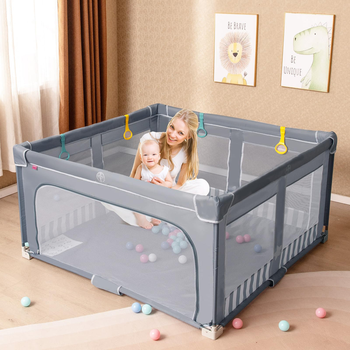 Baby Playpen 127 x 127cm, BPA-Free Foldable Toddlers Safety Fence Play Yard with Zipper Gate