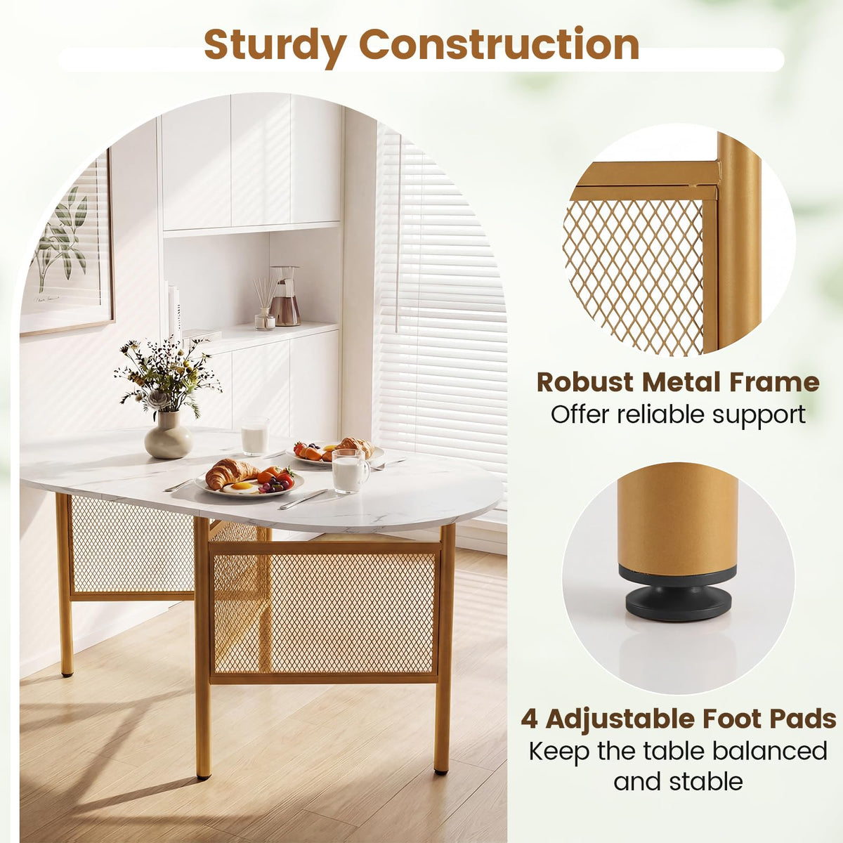 150 CM Folding Dining Table for 6-8 People, Drop Leaf Space Saving Oval Kitchen Table with Golden Metal Legs & Marble-Finished Tabletop
