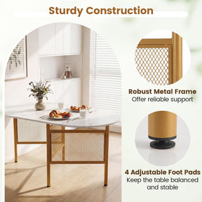 150 CM Folding Dining Table for 6-8 People, Drop Leaf Space Saving Oval Kitchen Table with Golden Metal Legs & Marble-Finished Tabletop