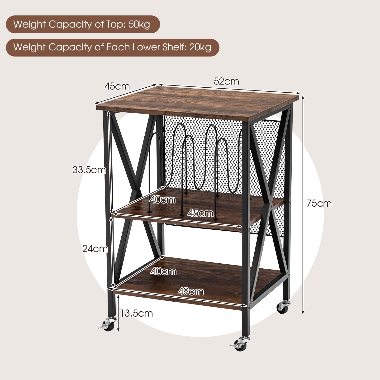 Giantex 3-Tier End Table, Rolling Turntable Stand, Rustic Vinyl Record Storage Holder w/ 3 Dividers for Albums