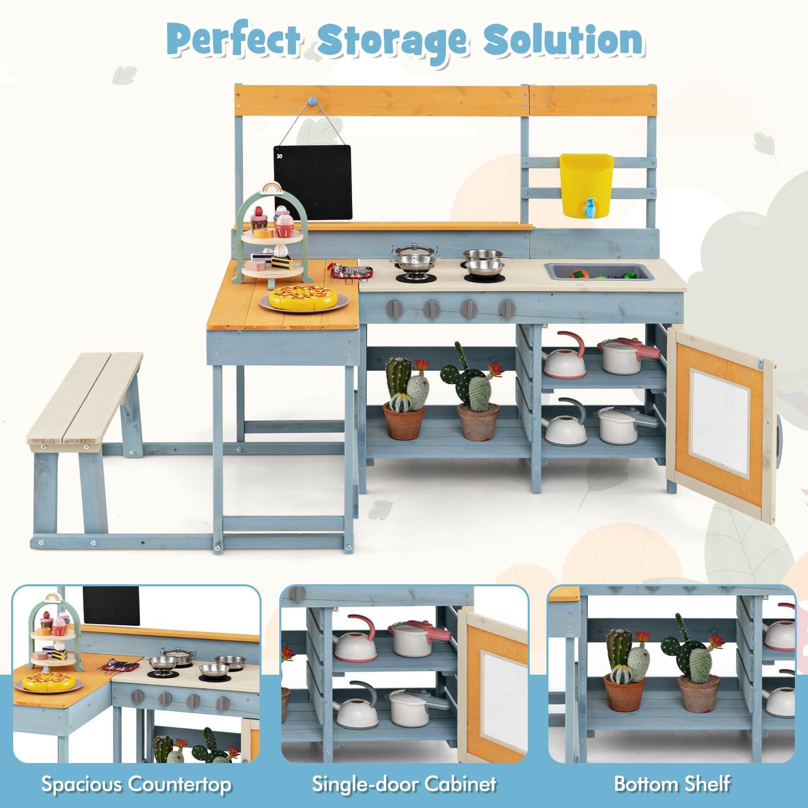 Kids Pretend Play Mud Kitchen, 2-in-1 Outdoor Toy Kitchen & Dining Area w/Storage, Accessories