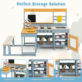 Kids Pretend Play Mud Kitchen, 2-in-1 Outdoor Toy Kitchen & Dining Area w/Storage, Accessories